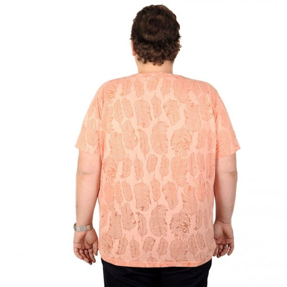 Mode XL Büyük Beden Erkek T-Shirt Bs Yaka Yaprak Desen 19119 Nar Çiçeği - 2