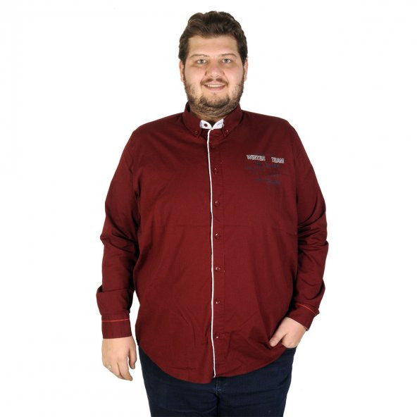 Mode XL Büyük Beden Erkek Uzun Kol Gömlek Nakışlı Biyeli 19303 Bordo - 1