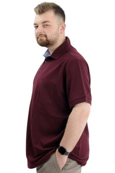 Mode XL Battal Beden Erkek Tshirt Polo Yaka Cepli Klasik Pike 20552 Mürdüm - 5