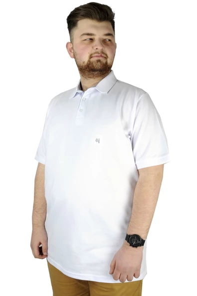 Mode XL Battal Beden Erkek Tshirt Polo Yaka Nakışlı Klasik Pike 20553 Beyaz - 6