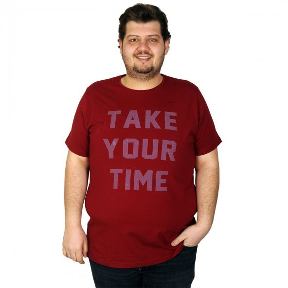 Mode XL Büyük Beden Erkek Tshirt Bisiklet Yaka Take Your Time 20110 Bordo