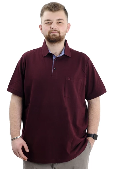 Mode XL Battal Beden Erkek Tshirt Polo Yaka Cepli Klasik Pike 20552 Mürdüm - 4