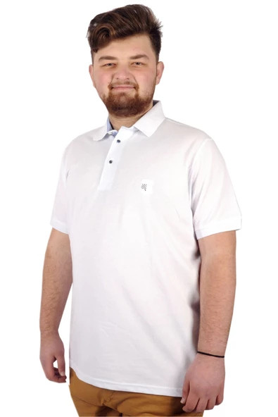 Mode XL Battal Beden Erkek Tshirt Polo Yaka Nakışlı Klasik Pike 20553 Beyaz - 10