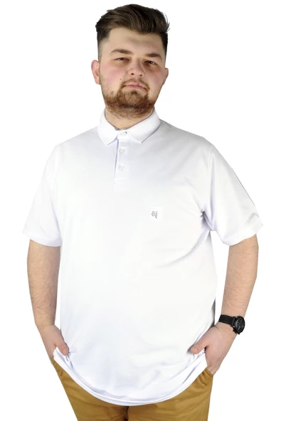 Mode XL Battal Beden Erkek Tshirt Polo Yaka Nakışlı Klasik Pike 20553 Beyaz - 8