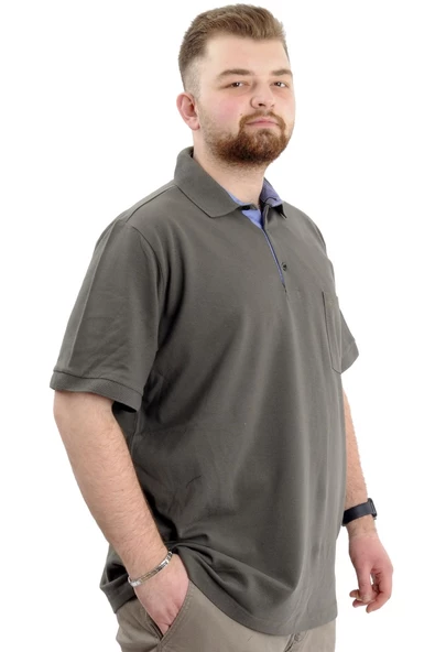 Mode XL Battal Beden Erkek Tshirt Polo Yaka Cepli Klasik Pike 20552 Haki - 7