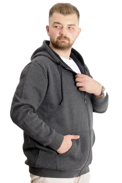 Mode XL Büyük Beden Erkek Sweat Zippered Basic 20543 Antramelanj - Resim 8