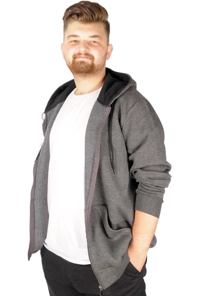 Mode XL Büyük Beden Erkek Sweat Zippered Basic 20543 Antramelanj - Resim 4