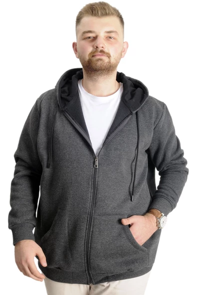 Mode XL Büyük Beden Erkek Sweat Zippered Basic 20543 Antramelanj - Resim 6