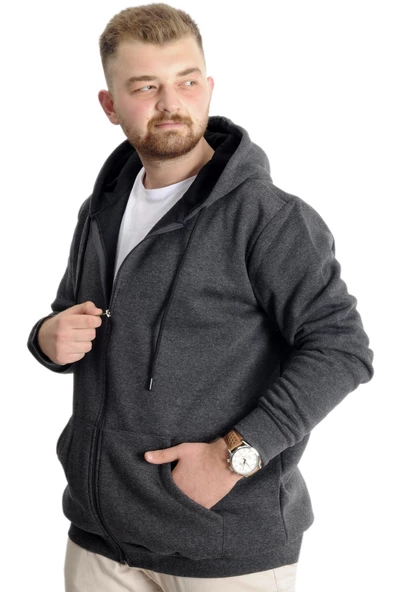 Mode XL Büyük Beden Erkek Sweat Zippered Basic 20543 Antramelanj - Resim 7
