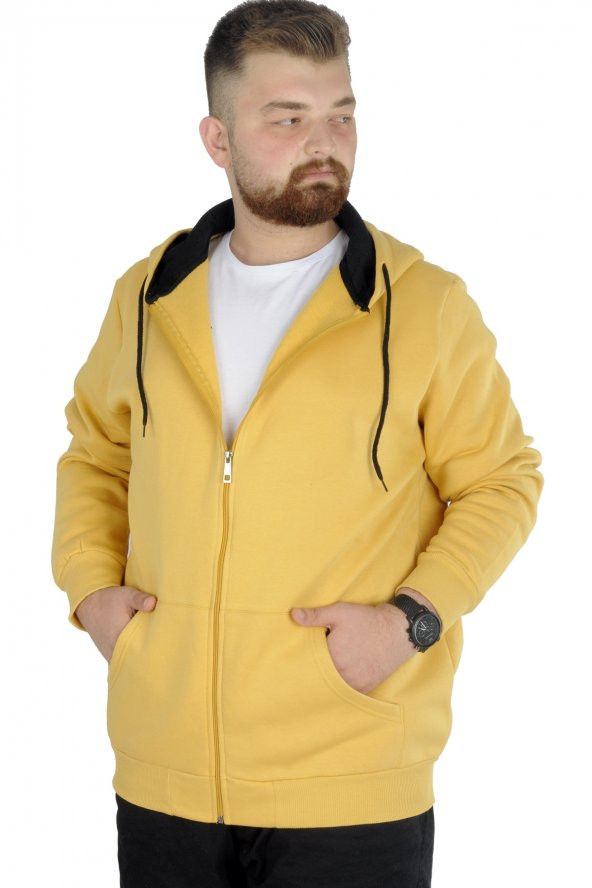 Mode XL Erkek Sweatshirt Kapşonlu Zippered Basic 20543 Hardal