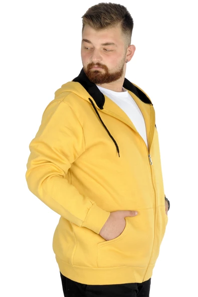 Mode XL Erkek Sweatshirt Kapşonlu Zippered Basic 20543 Hardal - Resim 7