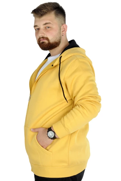 Mode XL Erkek Sweatshirt Kapşonlu Zippered Basic 20543 Hardal - Resim 2