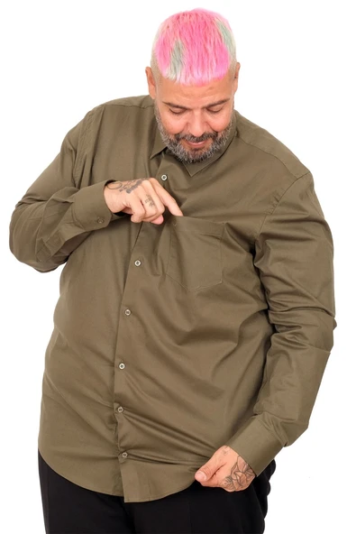 Mode XL Büyük Beden  Gömlek Ukol Cep Lycra Poplin 20350 Haki - Resim 10