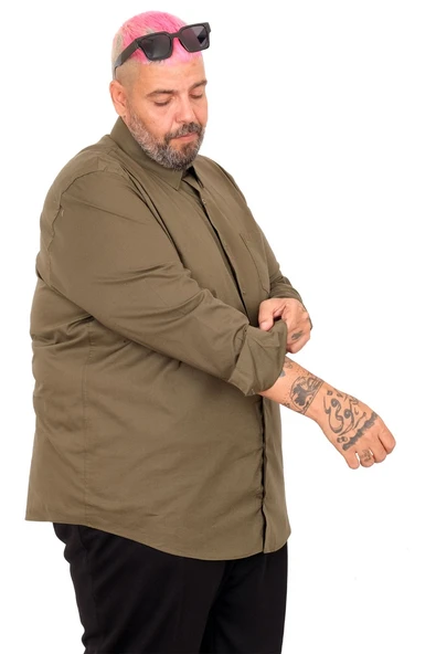 Mode XL Büyük Beden  Gömlek Ukol Cep Lycra Poplin 20350 Haki - Resim 11