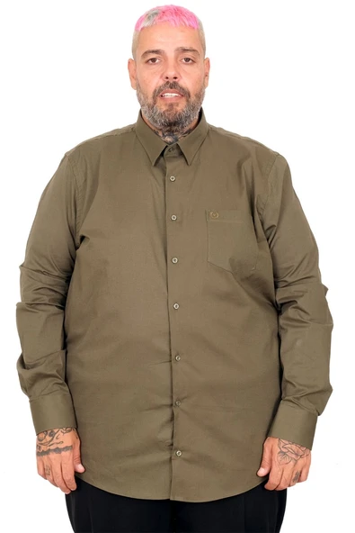 Mode XL Büyük Beden  Gömlek Ukol Cep Lycra Poplin 20350 Haki - Resim 9