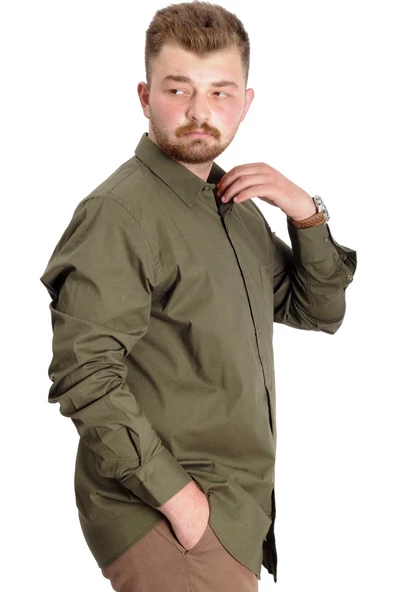 Mode XL Büyük Beden  Gömlek Ukol Cep Lycra Poplin 20350 Haki - 7
