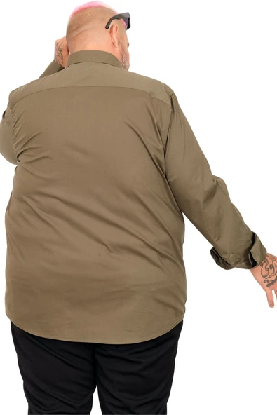 Mode XL Büyük Beden  Gömlek Ukol Cep Lycra Poplin 20350 Haki - Resim 12
