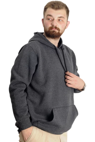 Mode XL Erkek Sweat Kapşon Kangoroo Pocket Basic 20562 Antramelanj - Resim 11