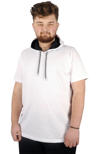 Mode XL Büyük Beden Oversize Tshirt Bisiklet Yaka Kapşon Basic 21115 Beyaz - Resim 3