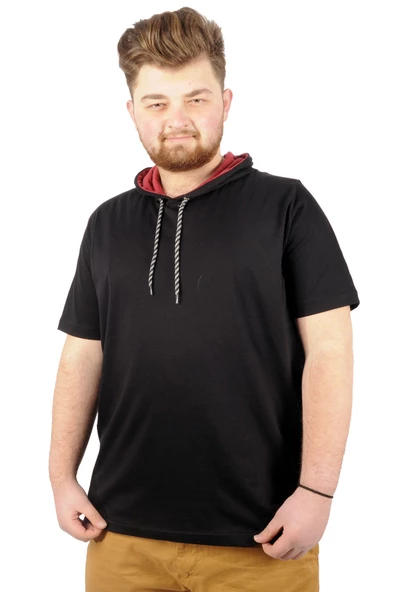 Mode XL Büyük Beden Oversize Tshirt Bisiklet Yaka Kapşon Basic 21115 Siyah - Resim 6