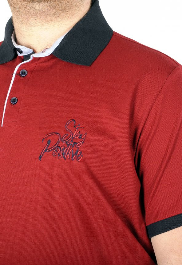 Mode XL Büyük Beden T-shirt Polo Stay Positive 21309 Bordo - 3