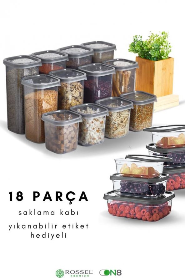 Rossel Premium Lüks Füme Yatay saklama kabı seti ile 18 Parça Erzak-Baharat-Kahvaltılık Saklama Kabı Etiket Hediyeli
