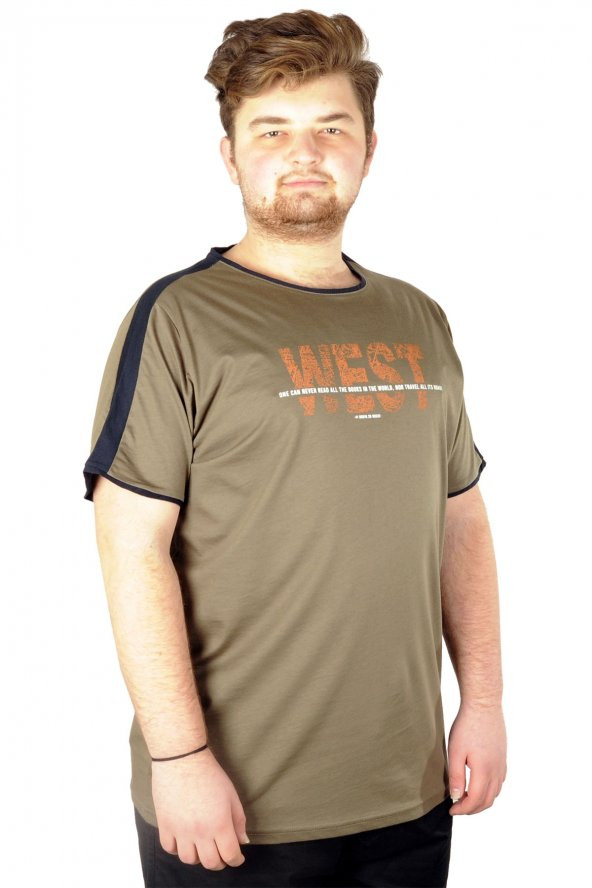Mode XL Büyük Beden Tshirt Bisiklet Yaka West 21172 Haki