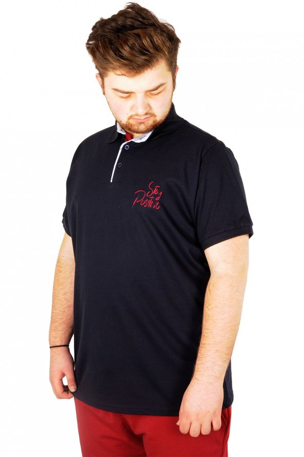 Mode XL Büyük Beden T-shirt Polo Stay Positive 21309 Lacivert - 2