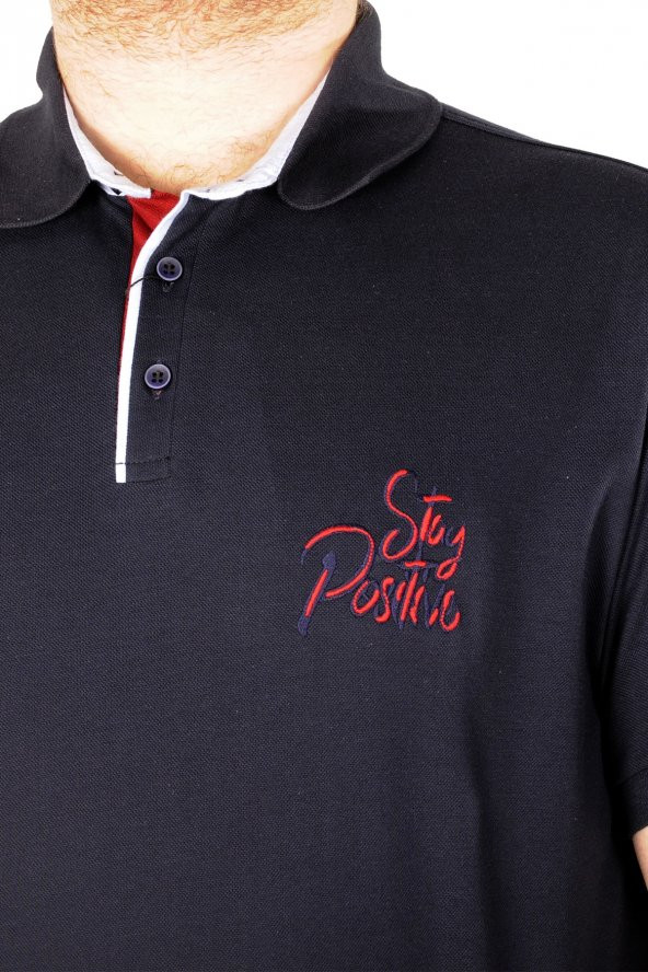 Mode XL Büyük Beden T-shirt Polo Stay Positive 21309 Lacivert - 3