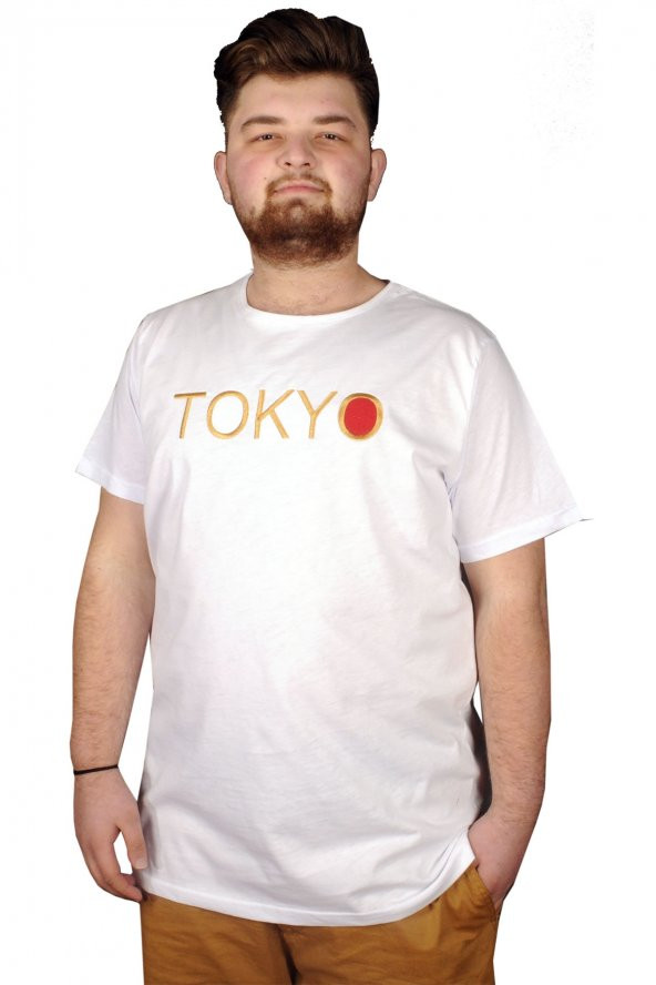 Mode XL Büyük Beden Tshirt Bisiklet Yaka Tokyo 21132 Beyaz