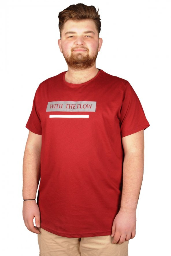 Mode XL Büyük Beden Tshirt Bisiklet Yaka With The Flow 21146 Bordo