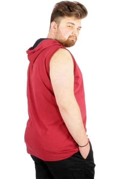 Mode XL Büyük Beden Erkek Kolsuz Kapşon Basic 21125 Bordo - Resim 4