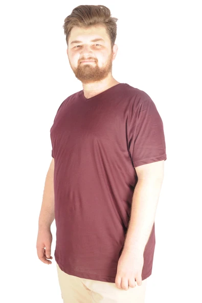Mode XL Büyük Beden Erkek Tshirt V Yaka 20032 Mürdüm - 5