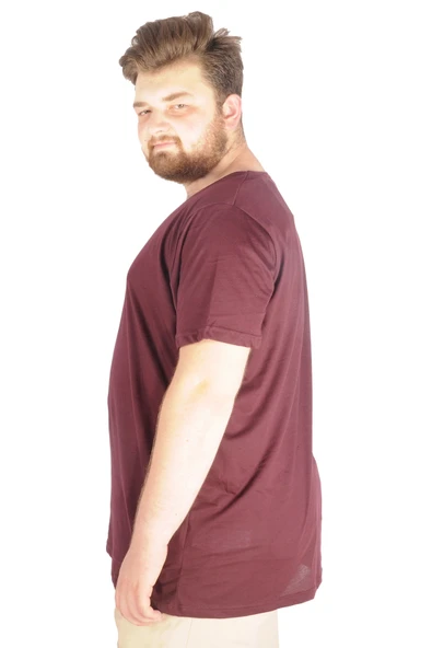 Mode XL Büyük Beden Erkek Tshirt V Yaka 20032 Mürdüm - 6