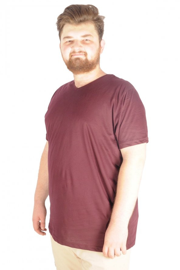 Mode XL Büyük Beden Erkek Tshirt V Yaka 20032 Mürdüm - 2