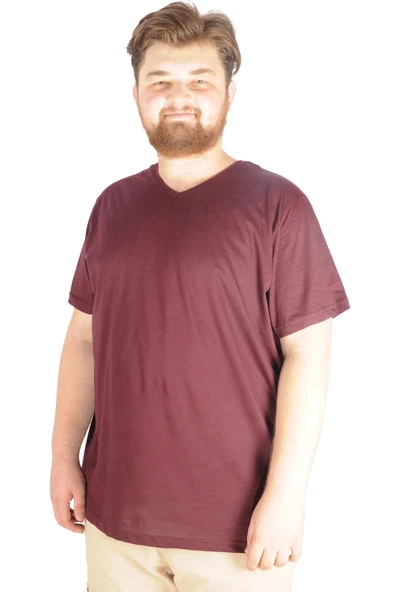 Mode XL Büyük Beden Erkek Tshirt V Yaka 20032 Mürdüm - 4