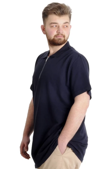 Mode XL Büyük Beden Erkek T-Shirt Fermuarlı Polo Yaka 21029 Lacivert - 6