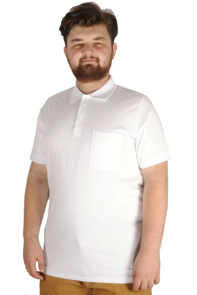 Mode XL Büyük Beden T-shirt Polo Cepli Lycra Pike MD 20554 Beyaz ürün görseli 1