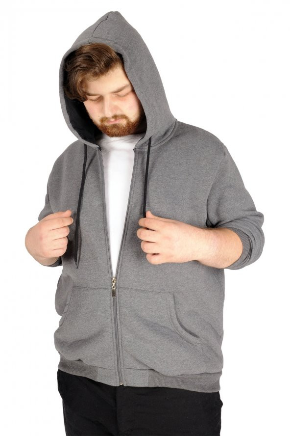 Mode XL Büyük Beden Erkek Sweatshirt Zippered Recycle  B20533 Füme - 1