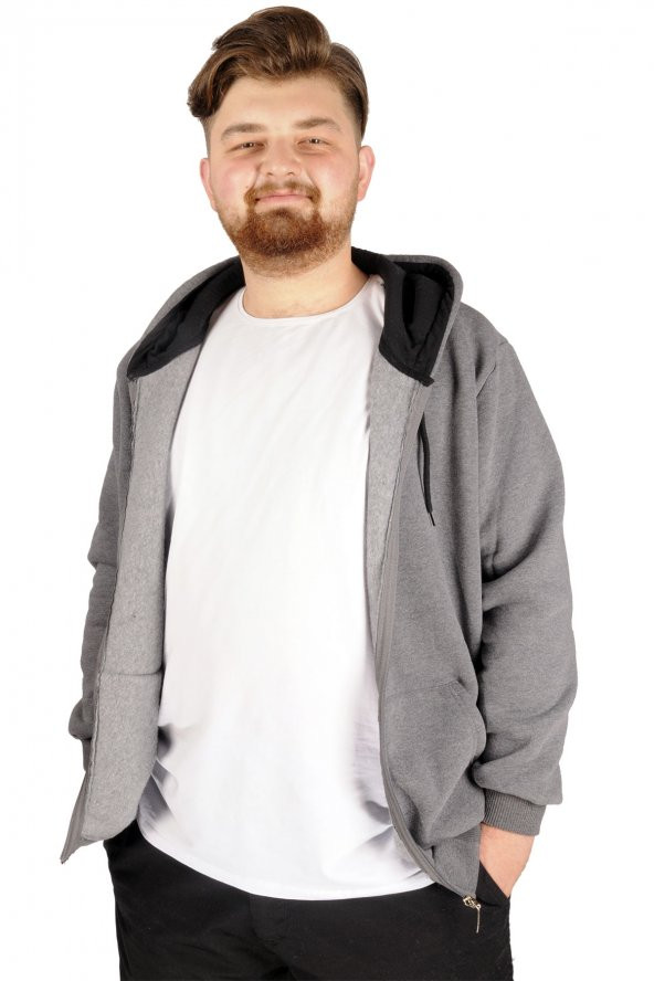 Mode XL Büyük Beden Erkek Sweatshirt Zippered Recycle  B20533 Füme - 2