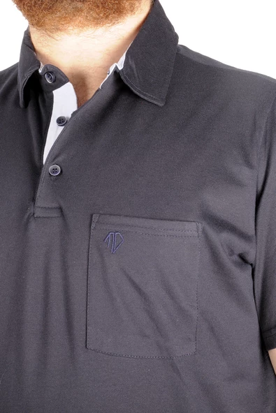 Mode XL Büyük Beden T-shirt Polo Cepli Lycra Pike MD 20554 Lacivert - Resim 4