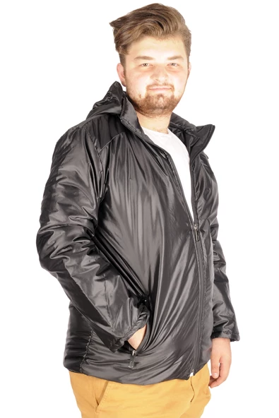 Mode XL Büyük Beden Erkek Mont Kapşon Basic Checker 21037 Siyah - 6