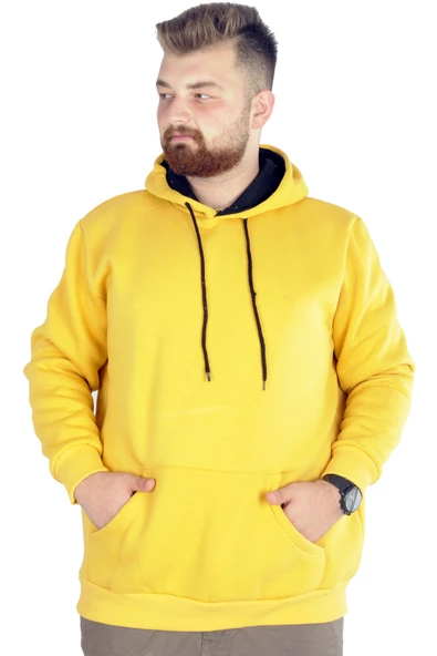 Mode XL Erkek Sweatshirt Kapşonlu Pocket Basic 20562 Hardal - Resim 4