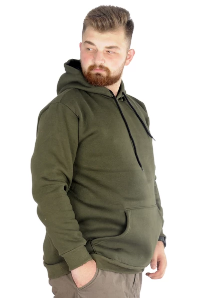 Mode XL Erkek Sweatshirt Kapşonlu Pocket Basic 20562 Haki - Resim 8