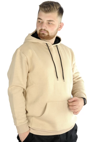 Mode XL Erkek Sweatshirt Kapşonlu Pocket Basic 20562 Bej - Resim 5