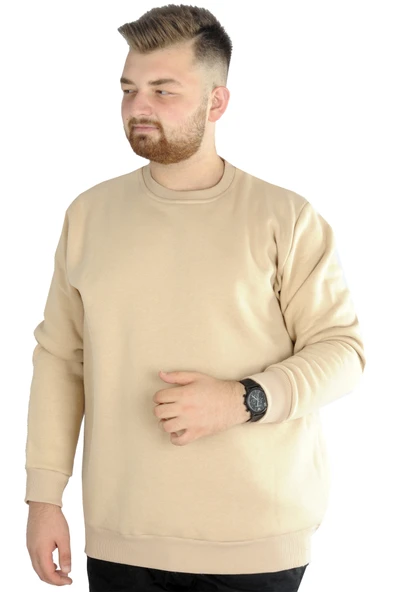 Mode XL Erkek Sweatshirt Bisiklet Yaka Basic 20131 Bej - Resim 4