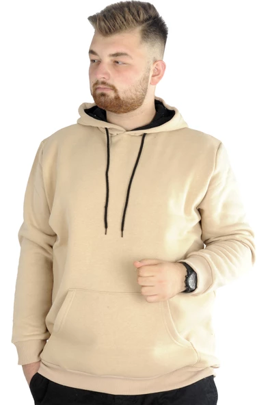 Mode XL Erkek Sweatshirt Kapşonlu Pocket Basic 20562 Bej ürün görseli 1