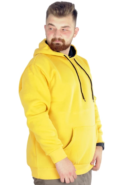 Mode XL Erkek Sweatshirt Kapşonlu Pocket Basic 20562 Hardal - Resim 2