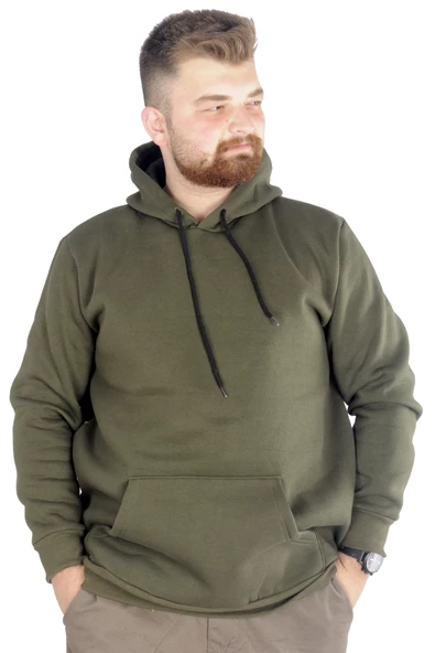 Mode XL Erkek Sweatshirt Kapşonlu Pocket Basic 20562 Haki - Resim 7