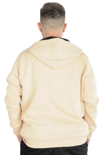 Mode XL Erkek Sweatshirt Kapşonlu Zippered Basic 20543 Bej - Resim 3